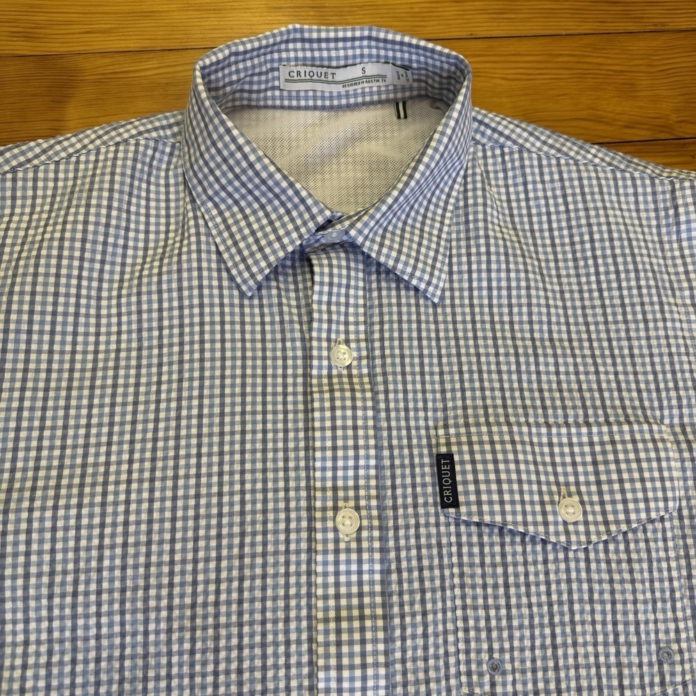 Criquet Mens Small Seersucker Shirt Blue White Check Short Sleeve Vented‎